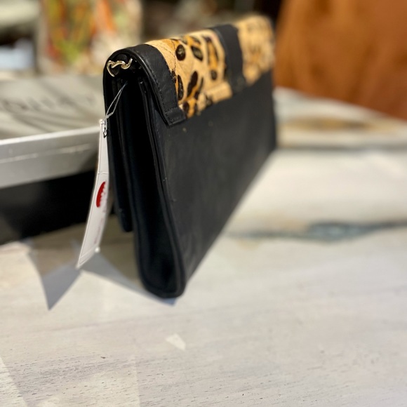 Big Buddha Clutch Purse Black Leather & Leopard Print Splash Bronze Link Strap - Picture 6 of 10